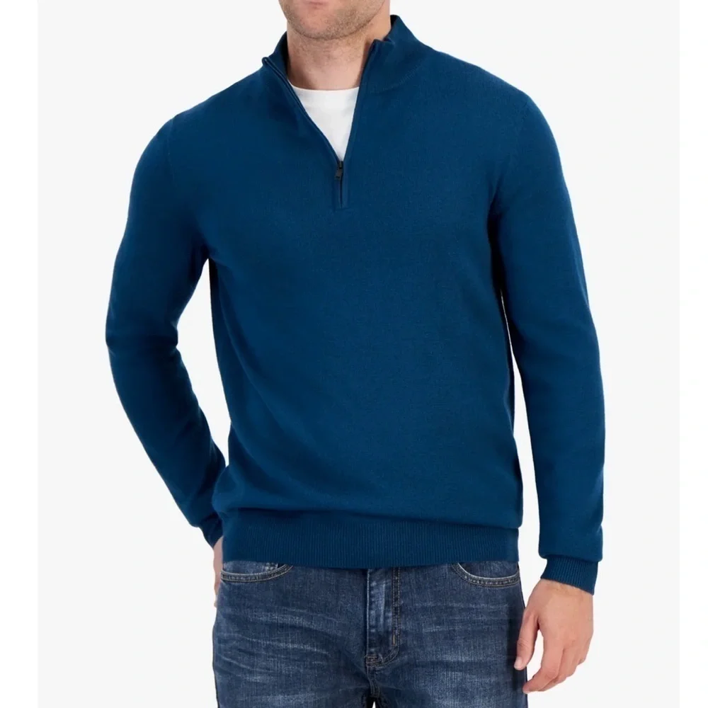 Alfani Men's Long Sleeve Half Zip Merino Sweater Dark Kale Blue